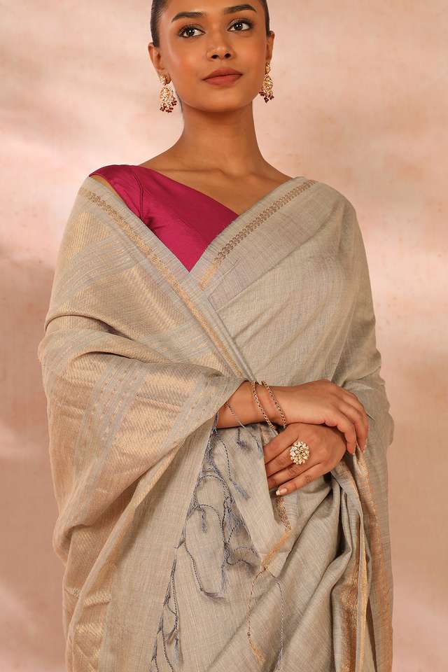 Grey Woven Pure Tussar Silk Saree thumbnail image number null