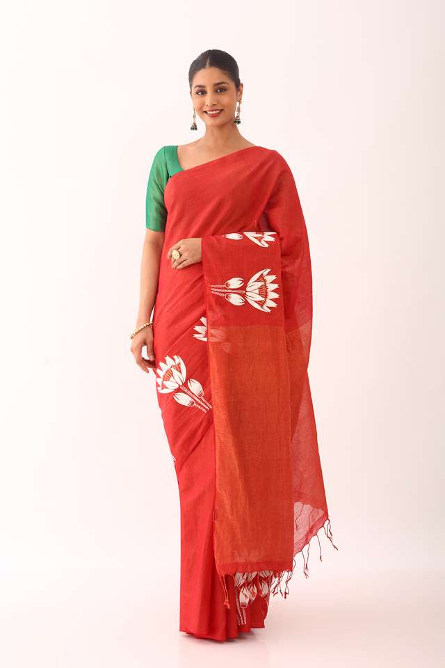 Red Applique Pure Cotton Bengali Saree image number