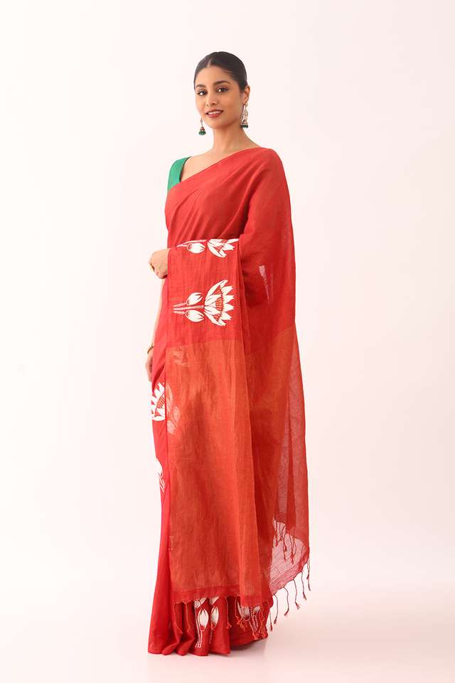 Red Applique Pure Cotton Bengali Saree thumbnail image number null