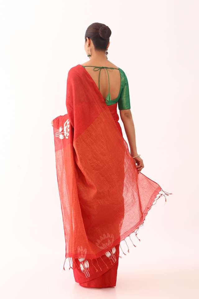 Red Applique Pure Cotton Bengali Saree thumbnail image number null