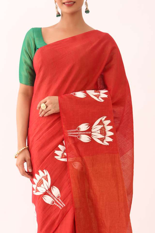Red Applique Pure Cotton Bengali Saree thumbnail image number null