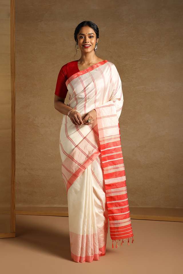 Off White Pure Silk Woven Bengali Saree thumbnail image number null