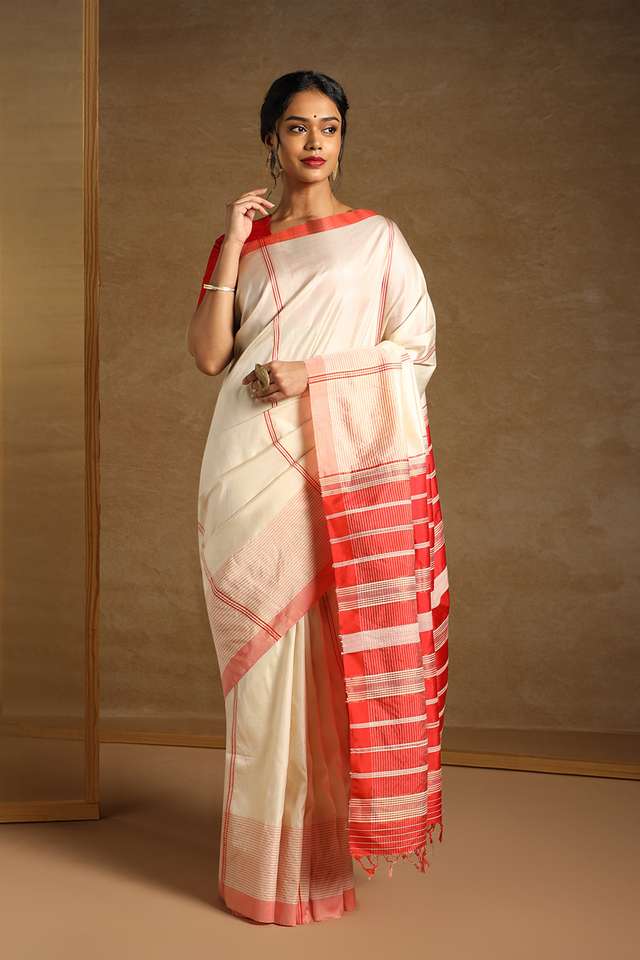 Off White Pure Silk Woven Bengali Saree thumbnail image number null
