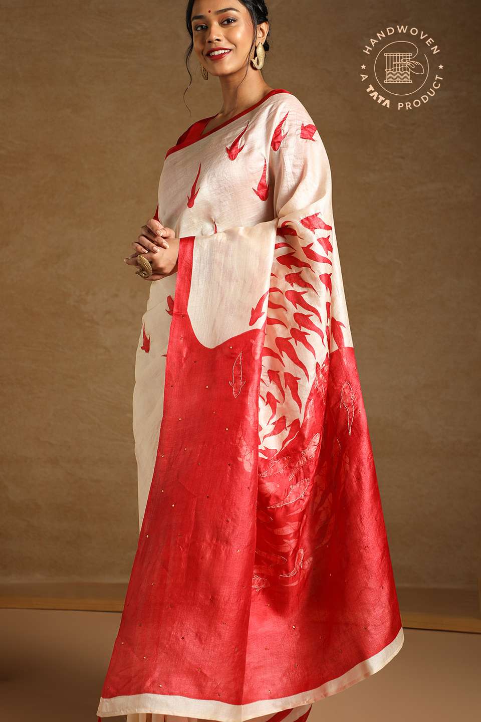 Beige Pure Tussar Silk Hand Painted Saree