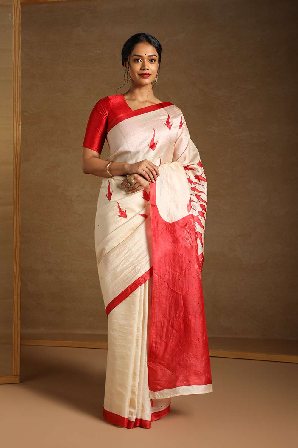 Beige Pure Tussar Silk Hand Painted Saree image number null