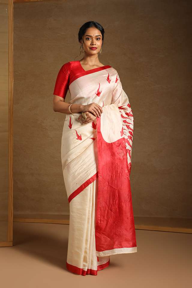 Beige Pure Tussar Silk Hand Painted Saree thumbnail image number null