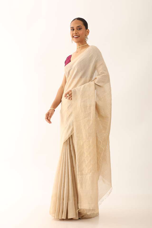 Beige Chattisgarh Pure Silk Tissue Woven Saree thumbnail image number null