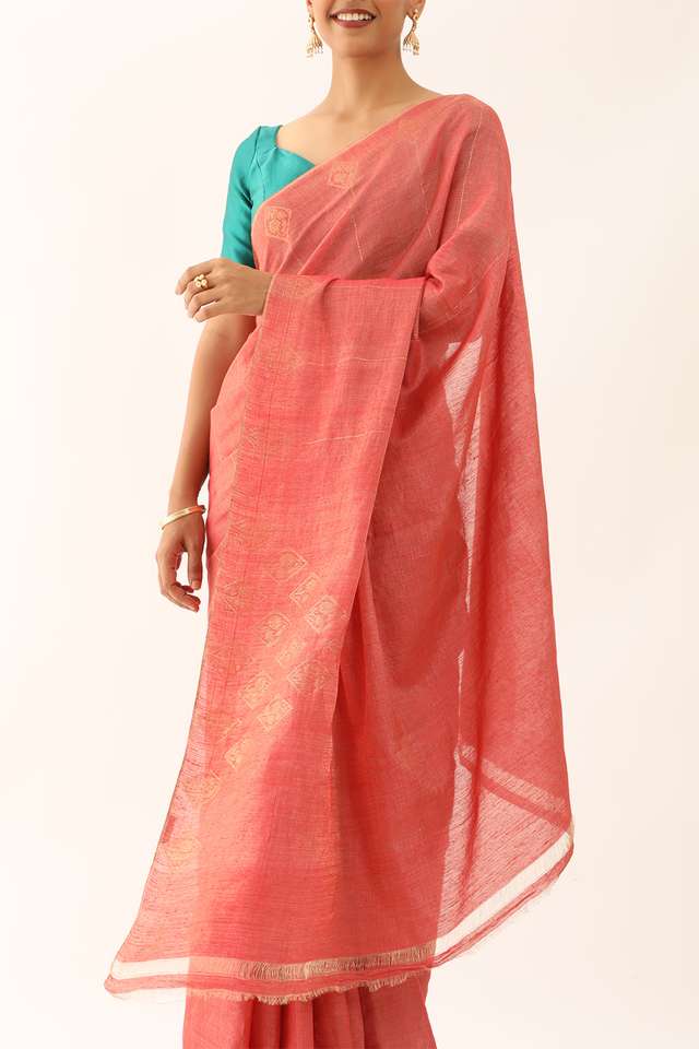 Light Red Chattisgarh Pure Silk Tissue Woven Saree thumbnail image number null