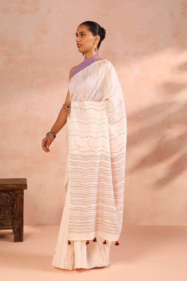 Off White Bengal Pure Silk Cotton Kantha Embroidered Saree thumbnail image number null
