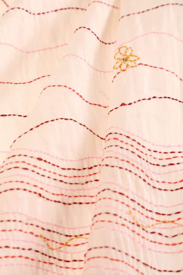 Off White Bengal Pure Silk Cotton Kantha Embroidered Saree thumbnail image number null