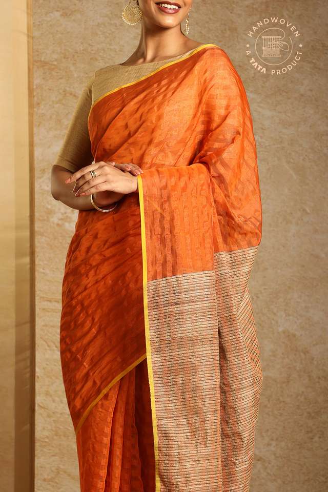 Orange Pure Silk Cotton Woven Maheshwari Saree image number