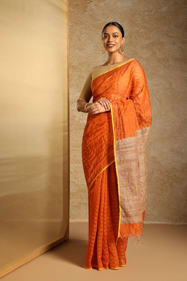 Orange Pure Silk Cotton Woven Maheshwari Saree thumbnail image number null