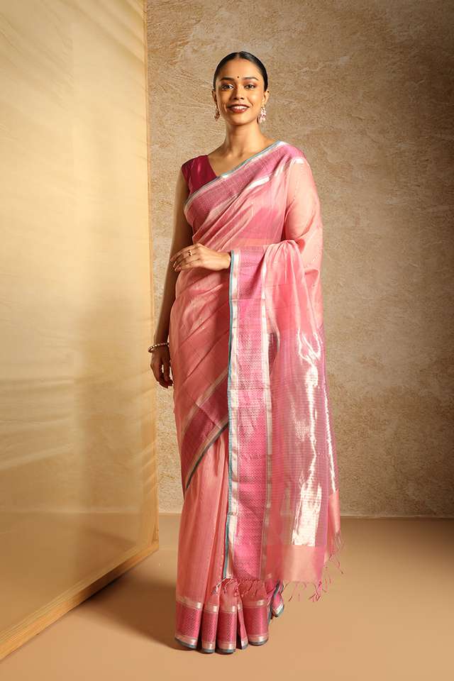 Pink Pure Silk Cotton Woven Maheshwari Saree thumbnail image number null
