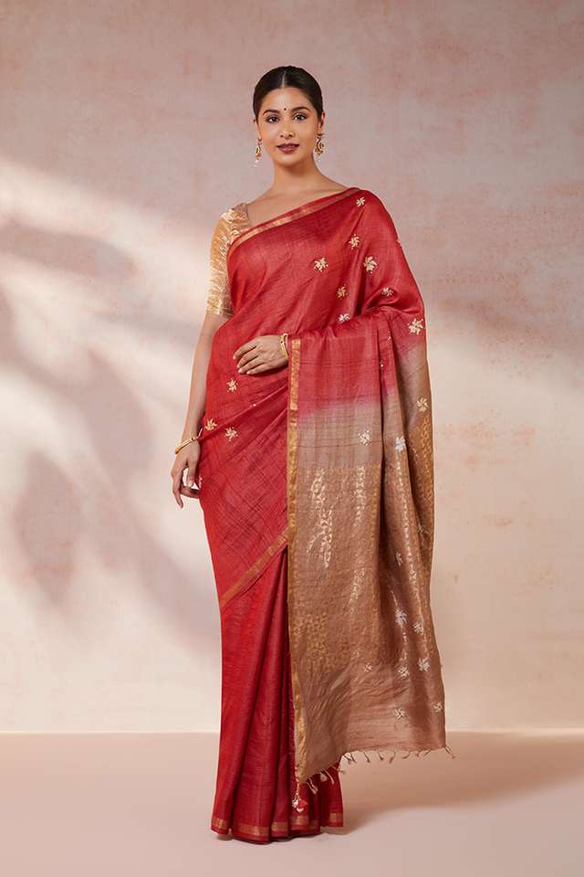 Red Chattisgarh Pure Tussar Silk Hand Painted Saree image number