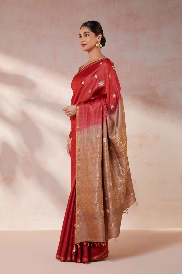 Red Chattisgarh Pure Tussar Silk Hand Painted Saree thumbnail image number null