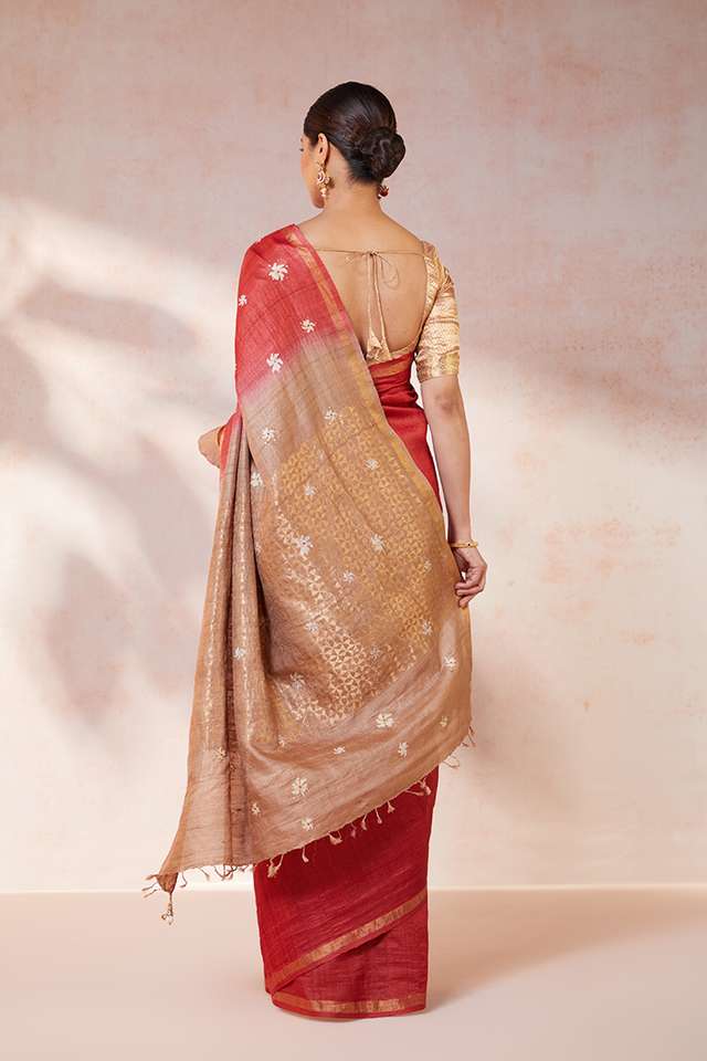 Red Chattisgarh Pure Tussar Silk Hand Painted Saree thumbnail image number null