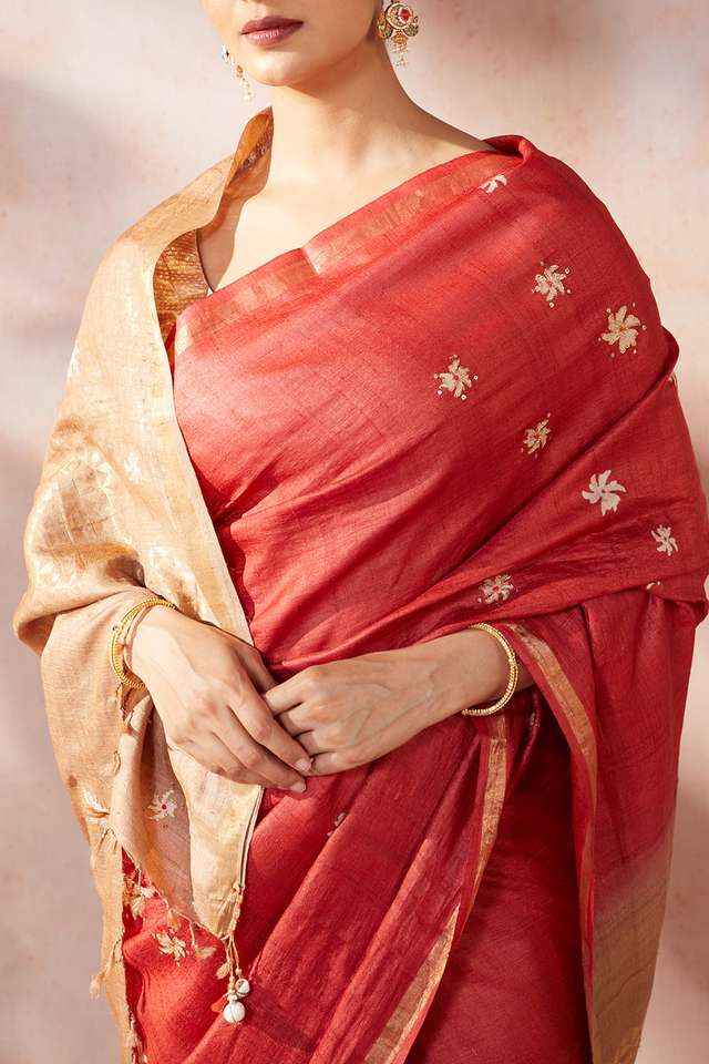 Red Chattisgarh Pure Tussar Silk Hand Painted Saree thumbnail image number null