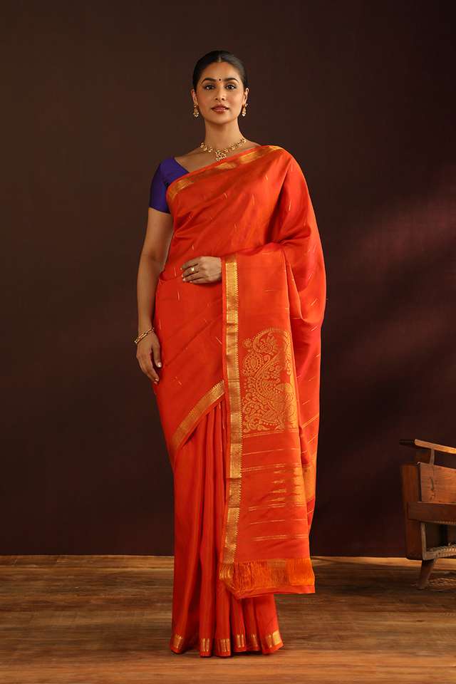 Orange Woven Pure Silk Kanjivaram Saree image number