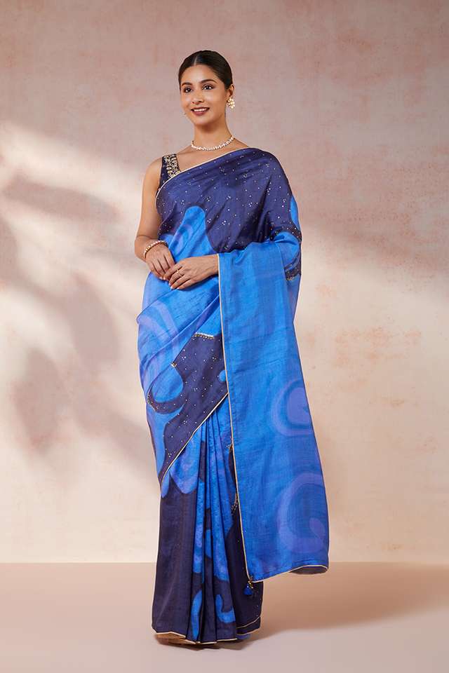Blue Hand Painted Silk Saree image number