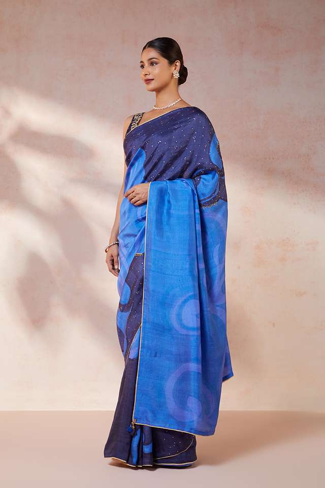 Blue Hand Painted Silk Saree thumbnail image number null