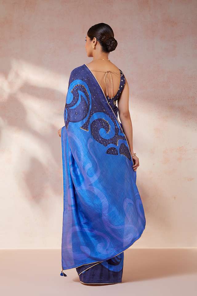 Blue Hand Painted Silk Saree thumbnail image number null