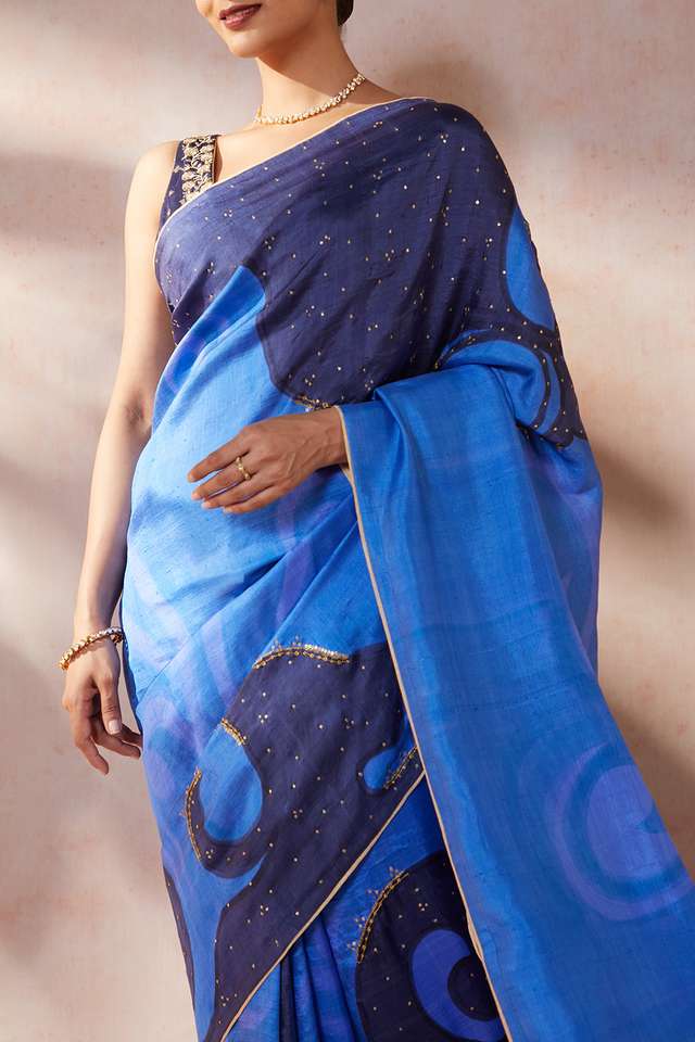Blue Hand Painted Silk Saree thumbnail image number null