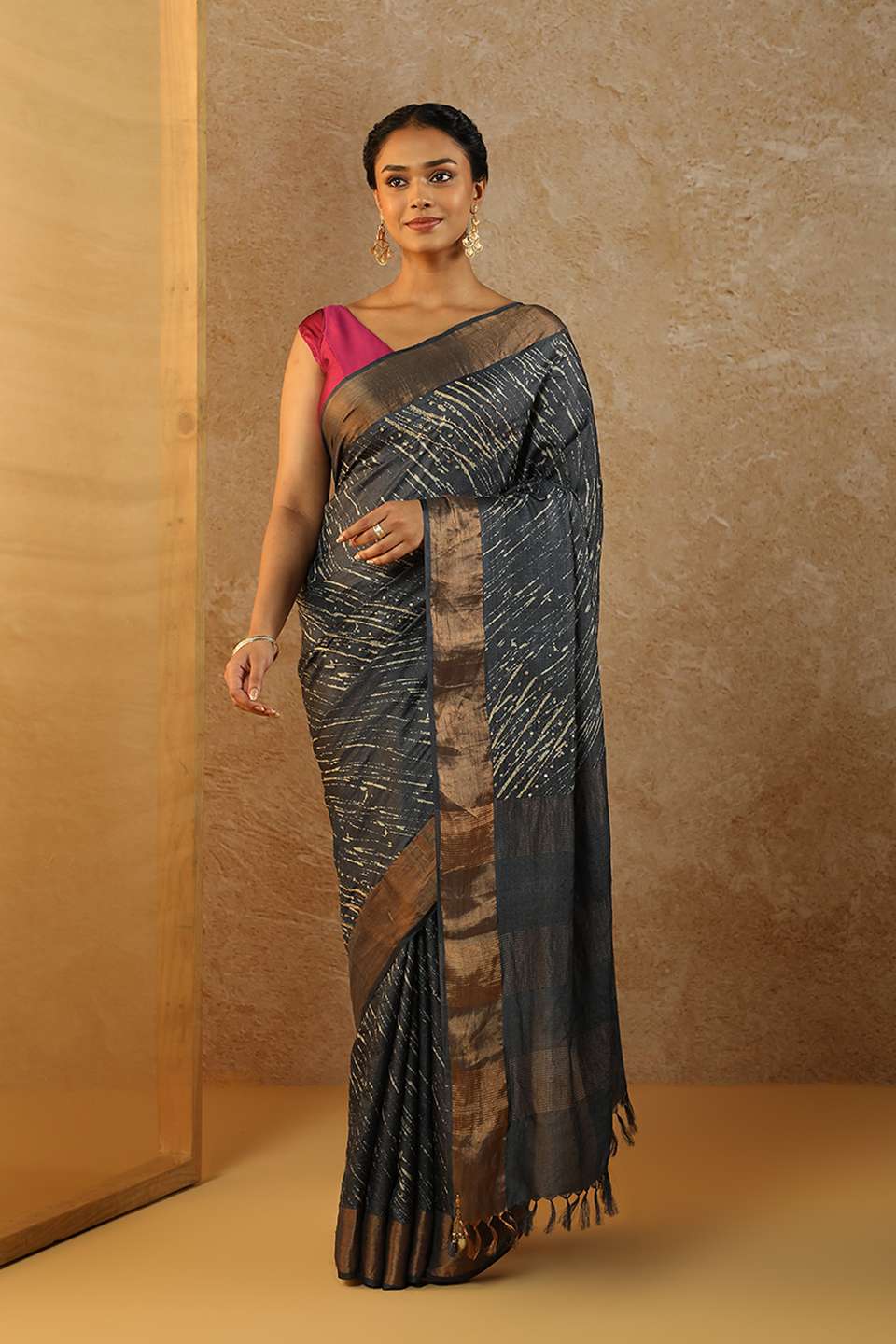 Navy Pure Tussar Silk Hand Painted Saree
