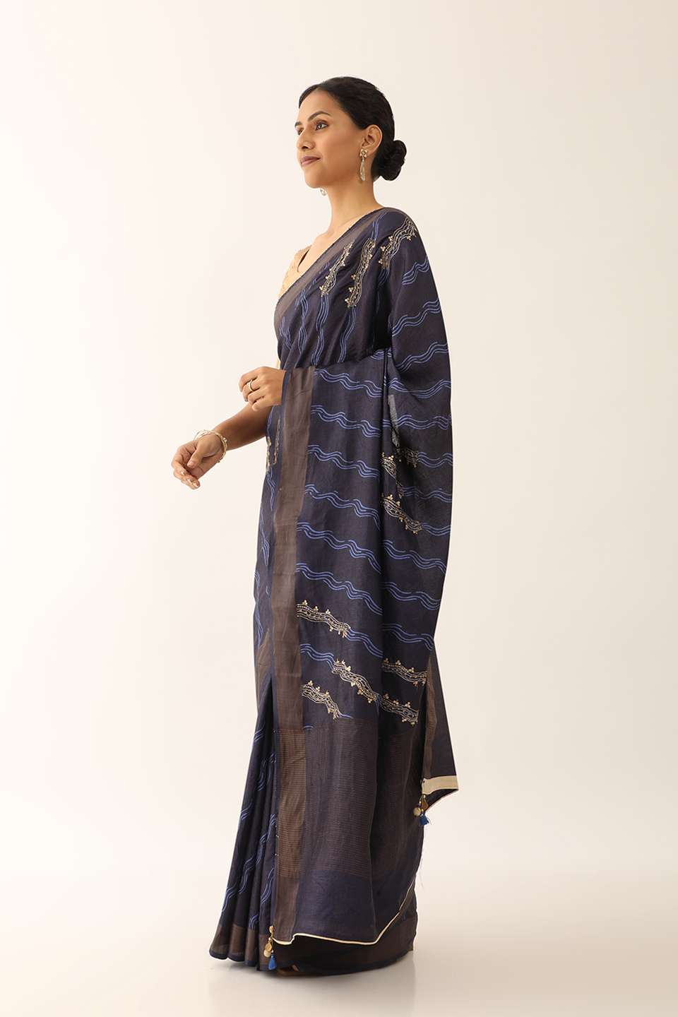 Dark Blue Contemporary Pure Tussar Silk Hand Painted Saree