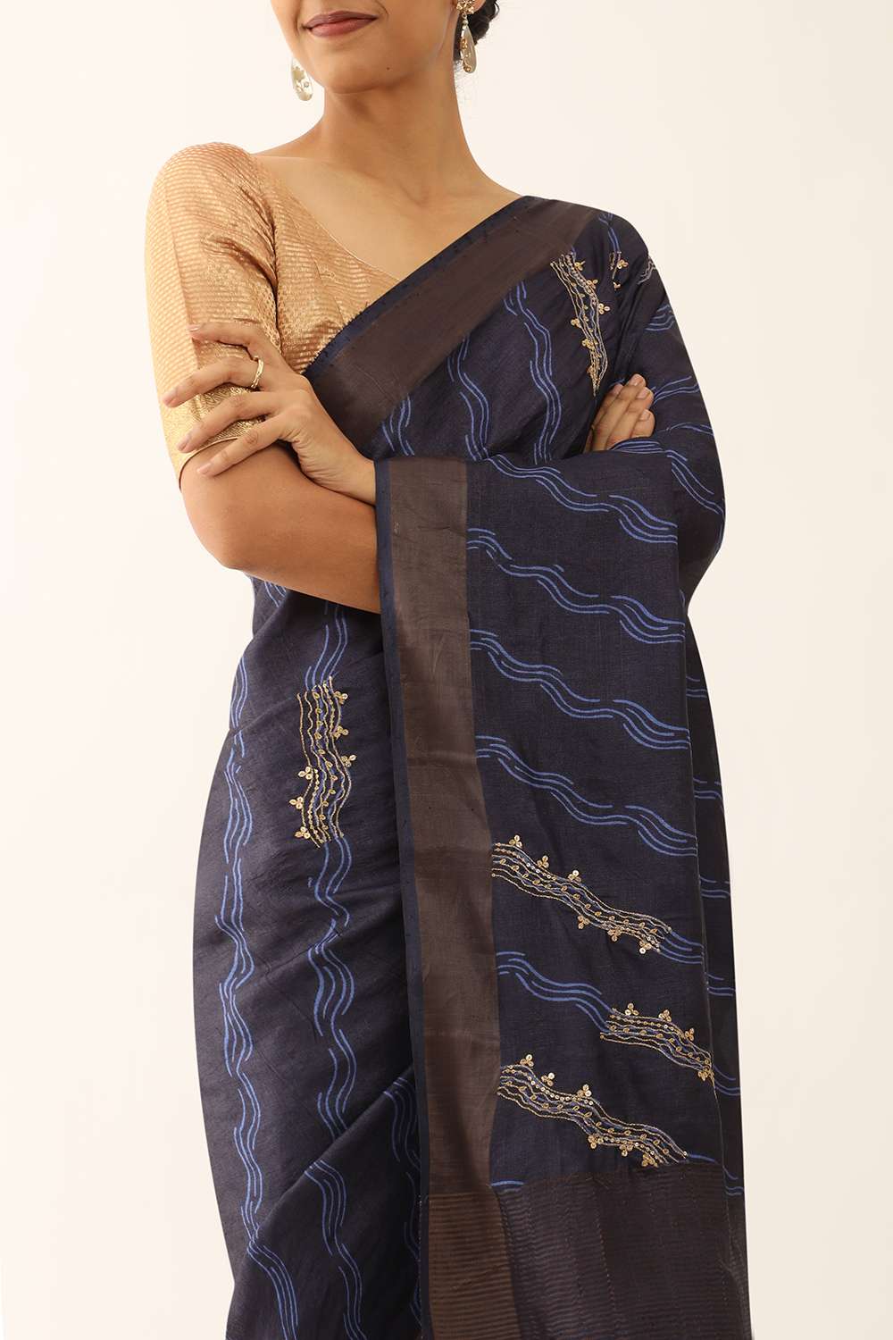 Dark Blue Contemporary Pure Tussar Silk Hand Painted Saree image number null