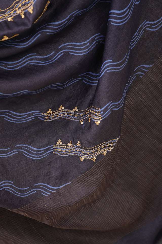 Dark Blue Contemporary Pure Tussar Silk Hand Painted Saree thumbnail image number null