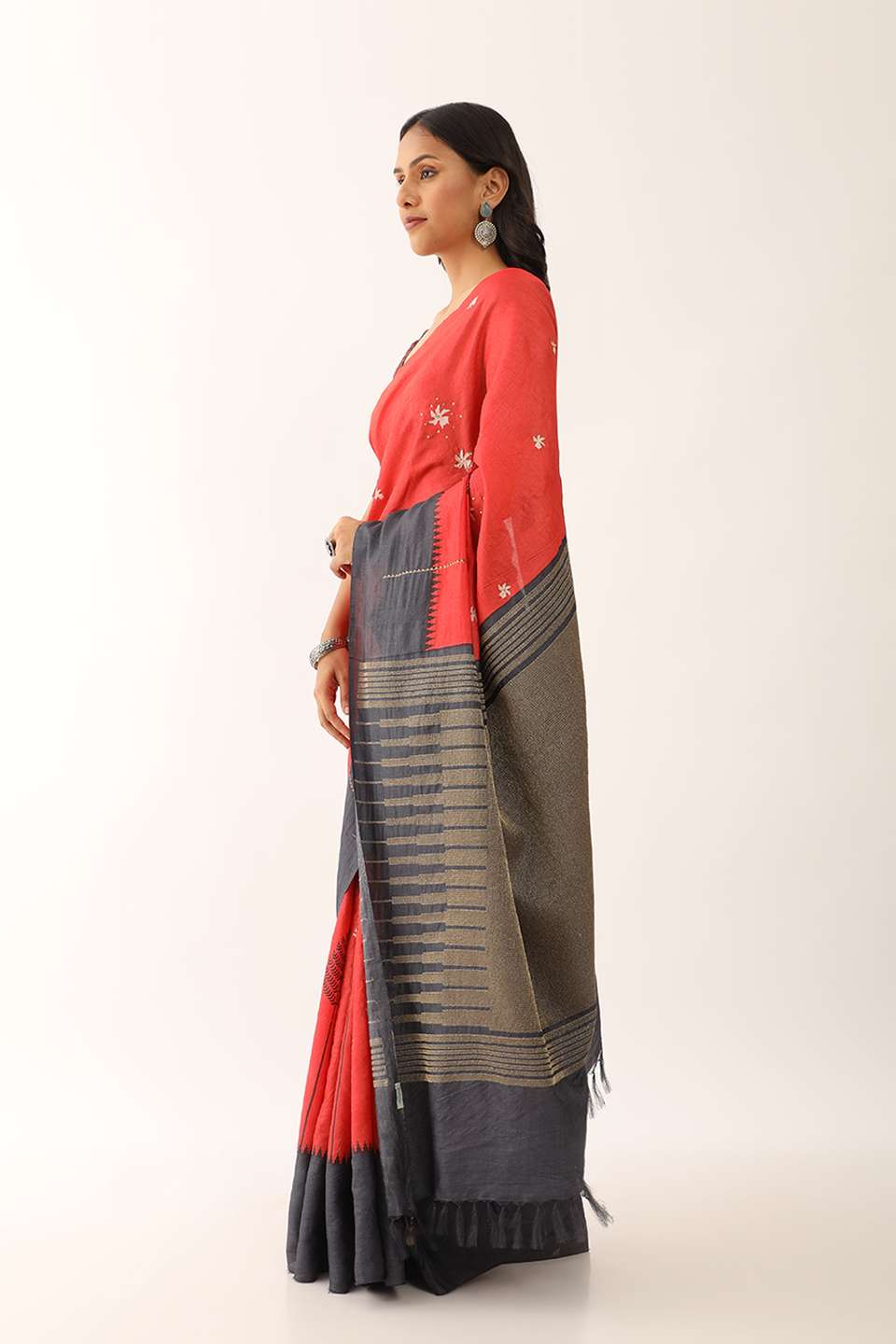 Red Block Printed Pure Tussar Silk Saree