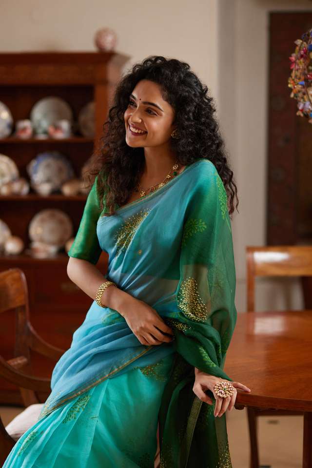 Blue Pure Silk Organza Hand Painted Saree thumbnail image number null