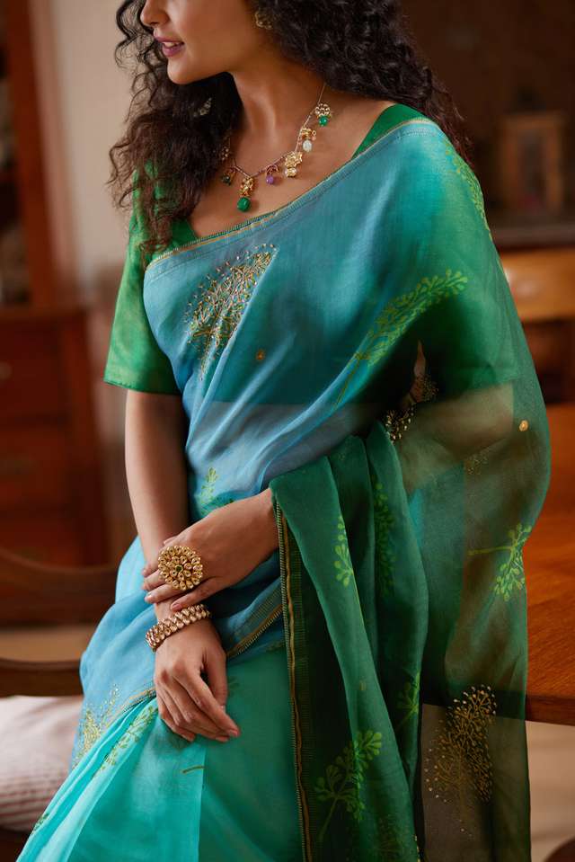 Blue Pure Silk Organza Hand Painted Saree thumbnail image number null