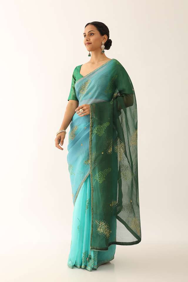 Blue Pure Silk Organza Hand Painted Saree thumbnail image number null