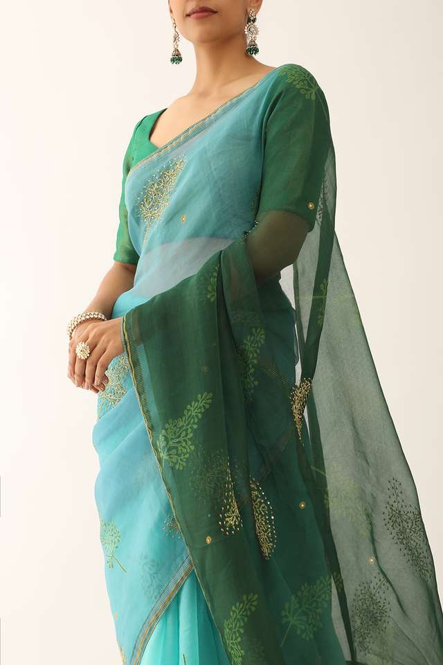 Blue Pure Silk Organza Hand Painted Saree thumbnail image number null