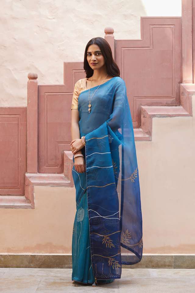Blue Pure Silk Organza Hand Painted Saree image number
