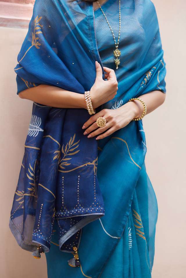 Blue Pure Silk Organza Hand Painted Saree thumbnail image number null