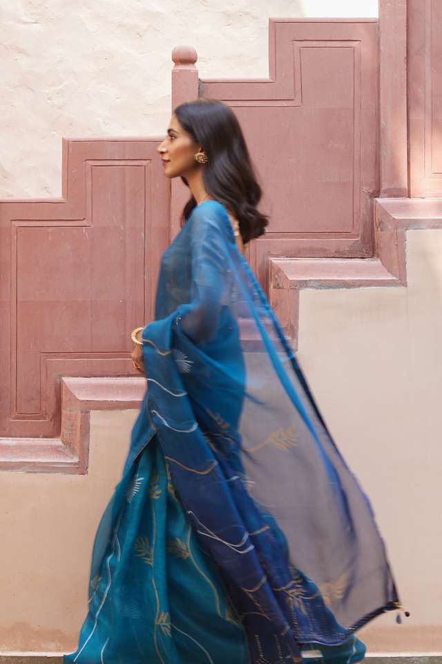 Blue Pure Silk Organza Hand Painted Saree thumbnail image number null