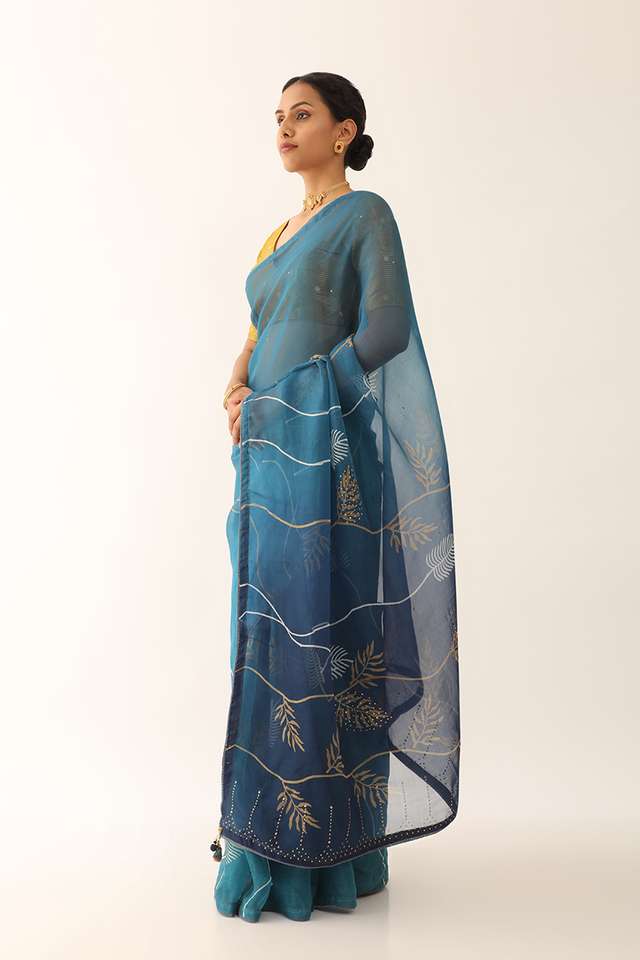 Blue Pure Silk Organza Hand Painted Saree thumbnail image number null