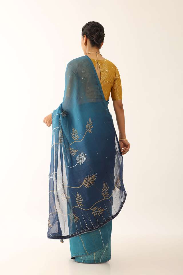 Blue Pure Silk Organza Hand Painted Saree thumbnail image number null