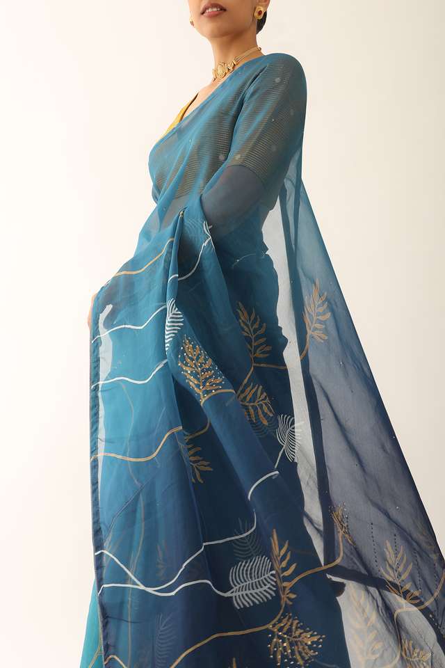 Blue Pure Silk Organza Hand Painted Saree thumbnail image number null