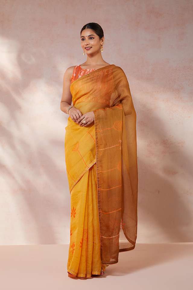 Yellow Pure Silk Organza Hand Painted Saree image number