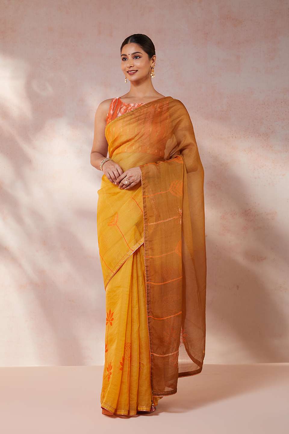 Yellow Pure Silk Organza Hand Painted Saree