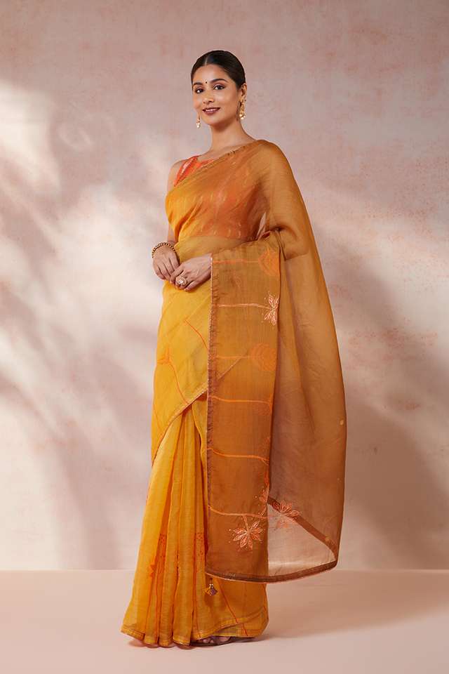 Yellow Pure Silk Organza Hand Painted Saree thumbnail image number null