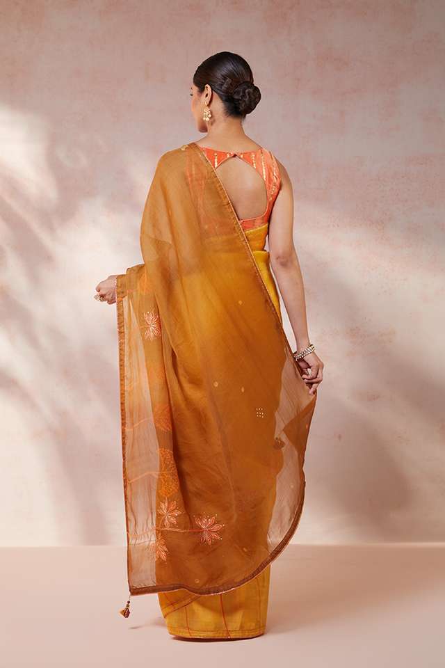 Yellow Pure Silk Organza Hand Painted Saree thumbnail image number null