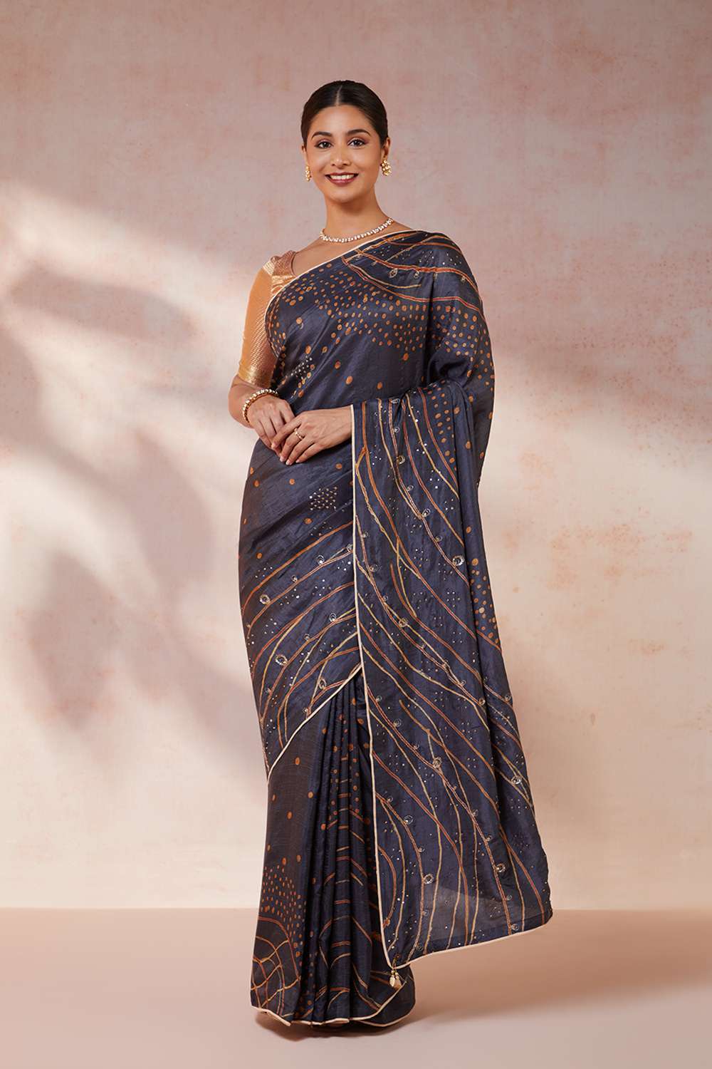 Dark Blue Hand Painted Silk Saree image number null