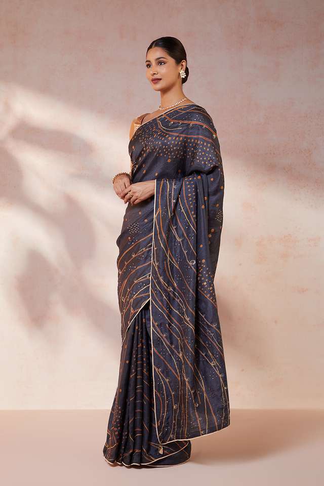 Dark Blue Hand Painted Silk Saree thumbnail image number null