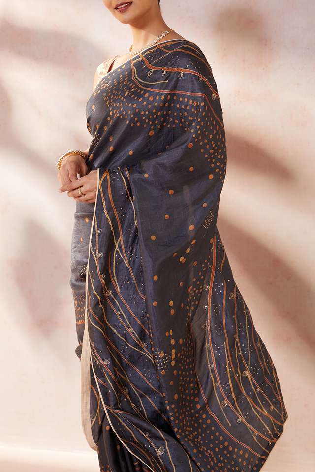 Dark Blue Hand Painted Silk Saree thumbnail image number null