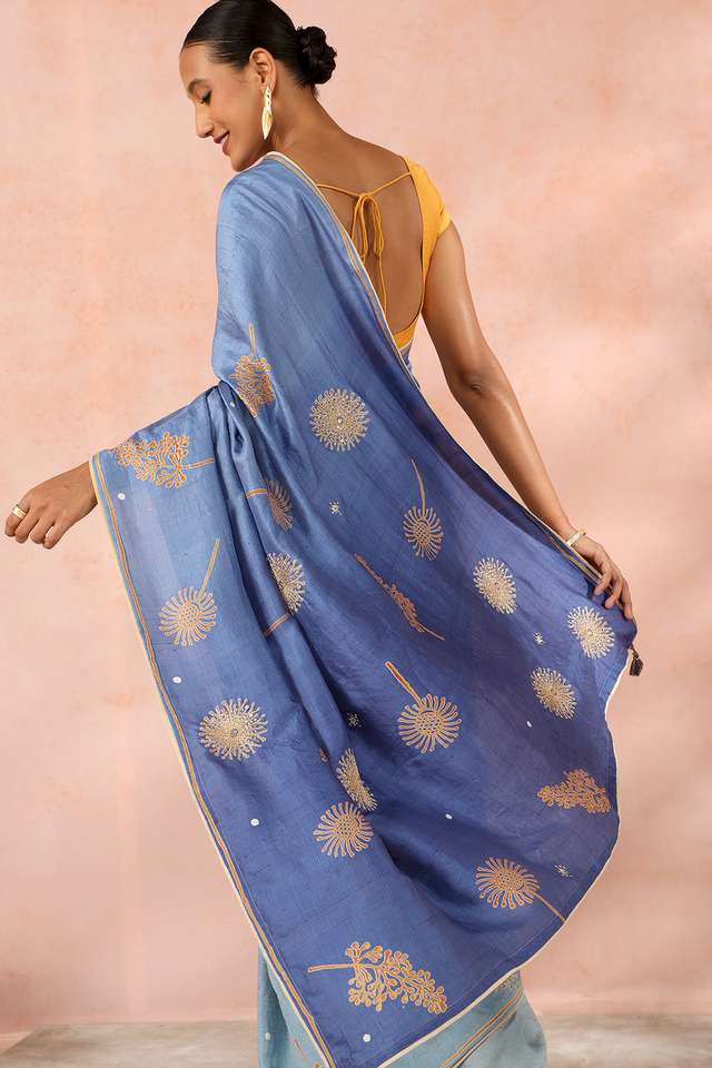 Blue Contemporary Pure Silk Hand Painted Saree image number