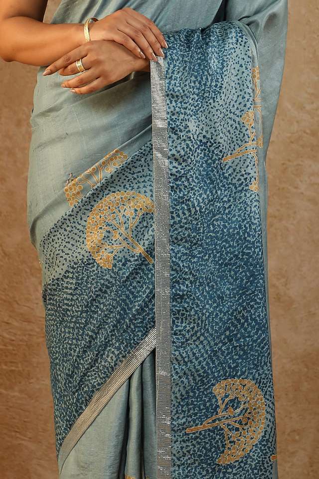 Blue Pure Tussar Silk Hand Painted Saree thumbnail image number null